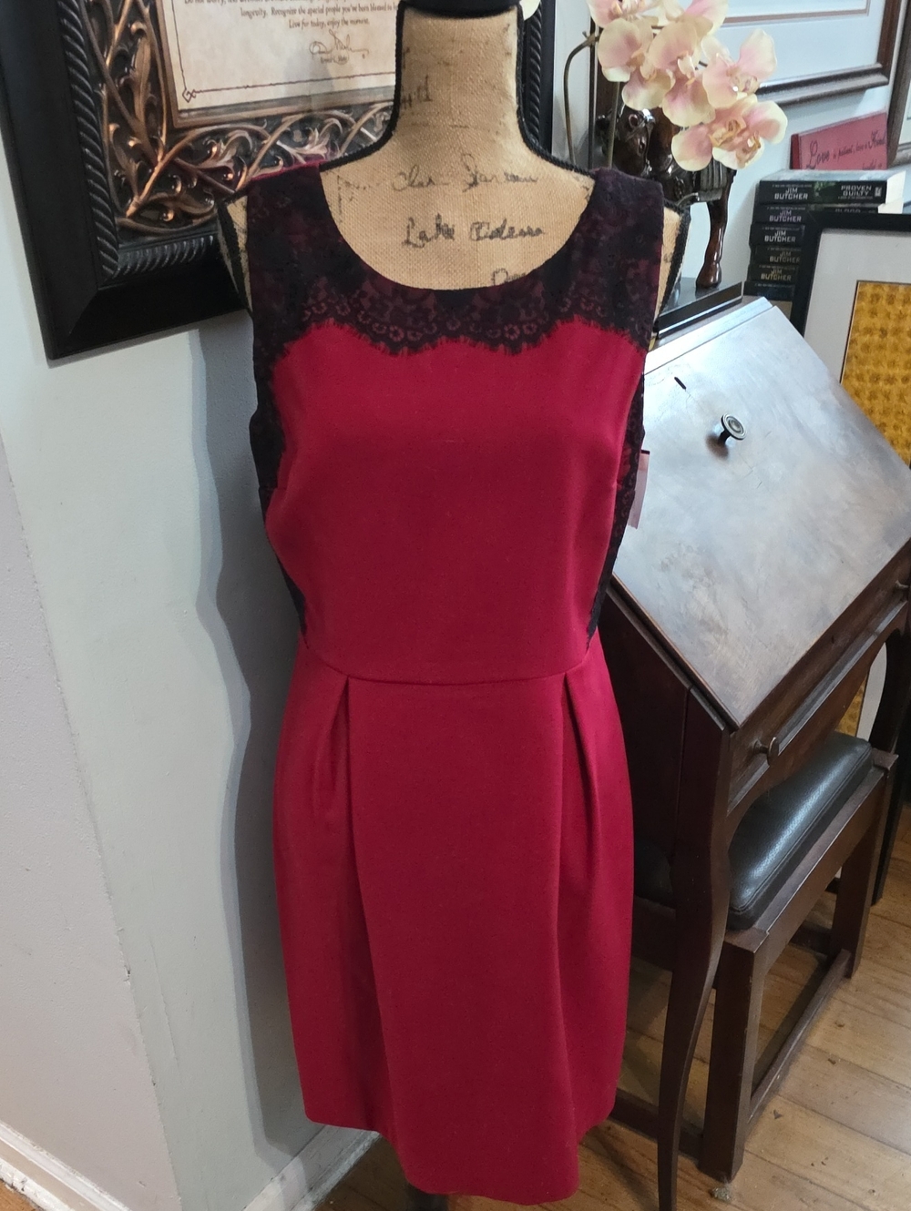 Liz Claiborne Fuchsia Dress with Black Lace Yoke